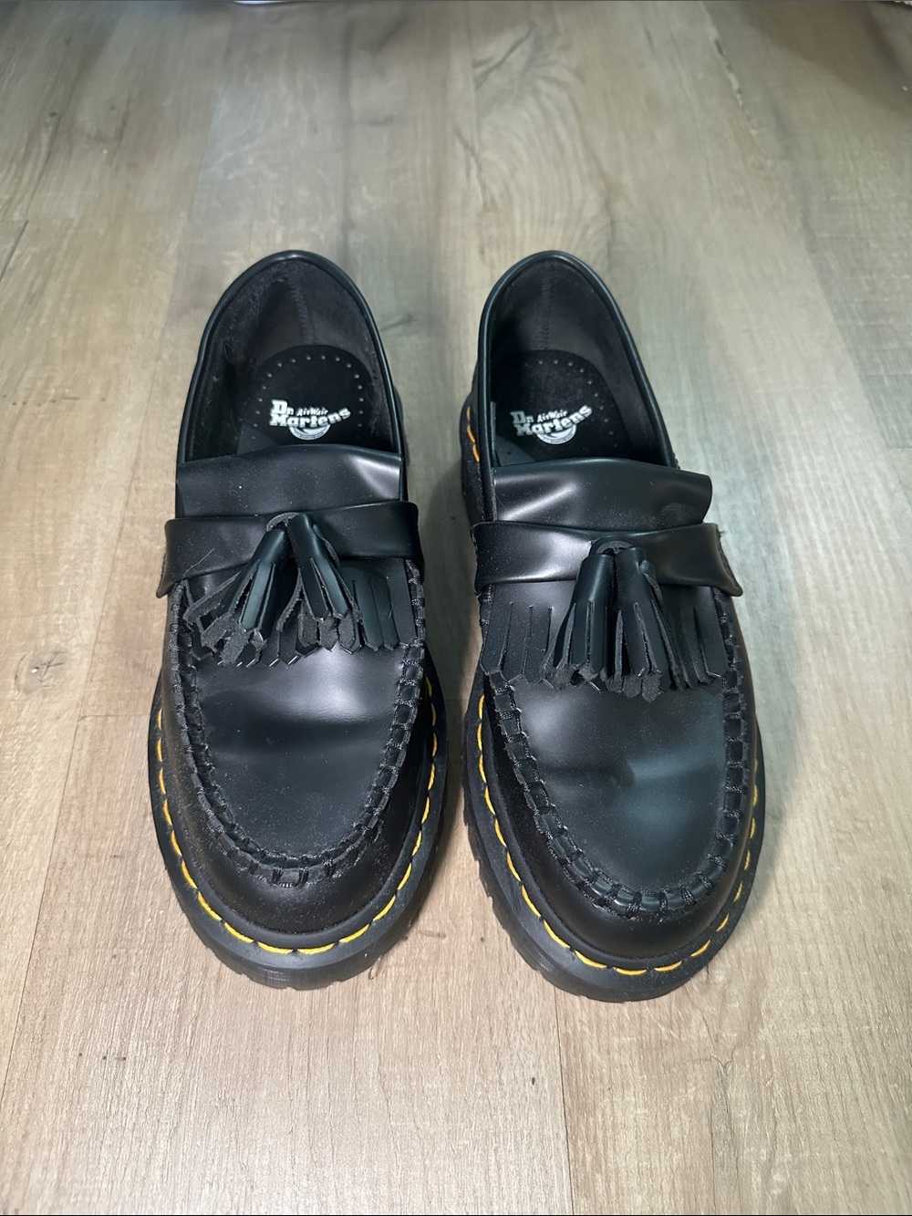 Dr. Martens Black Tassel Kiltie Loafers with Yellow Stitching